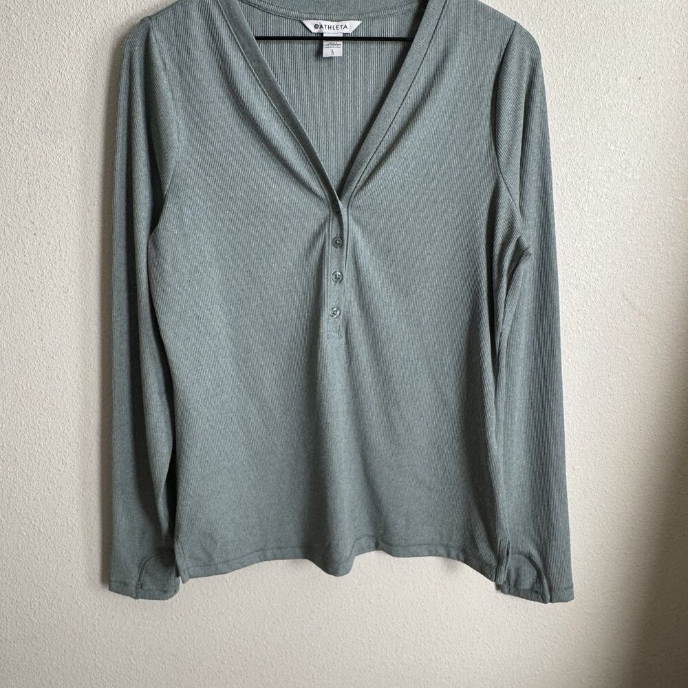 Athleta Top Womens Large Green Uptempo Ribbed Knit Henley‎ Comfy Soft Stretch - Picture 3 of 15
